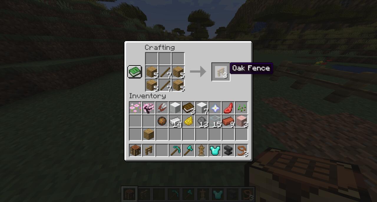 The crafting recipe for a fence in Minecraft