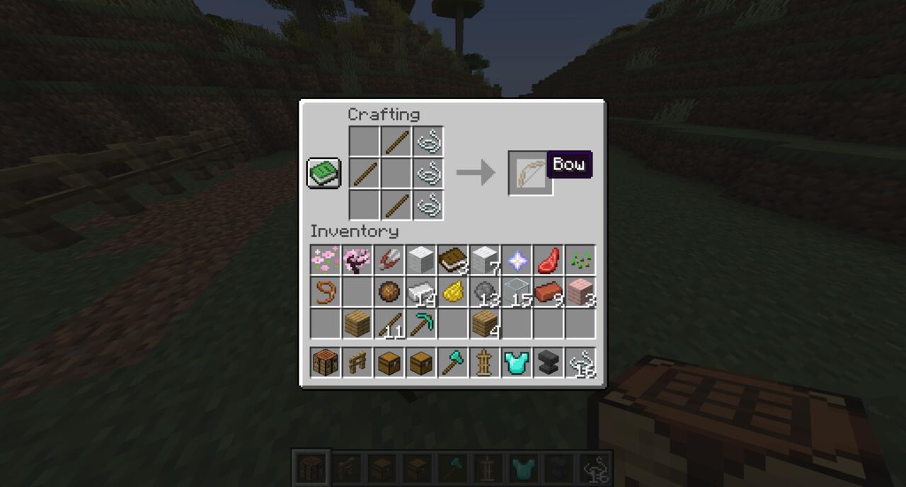 The crafting recipe for a bow in Minecraft