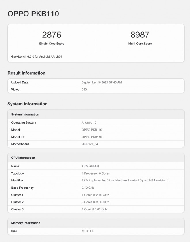 Oppo Find X8 Geekbench test run with Dimensity 9400